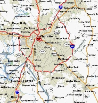 A map of charlottesville with the roads marked.